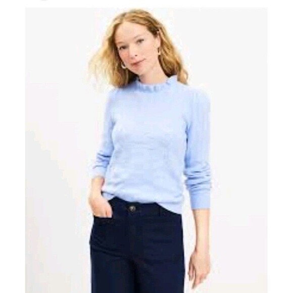 Loft Sweater MED Puff Sleeve Scallop Neckline Top Blue Pointelle Knit - Picture 1 of 9